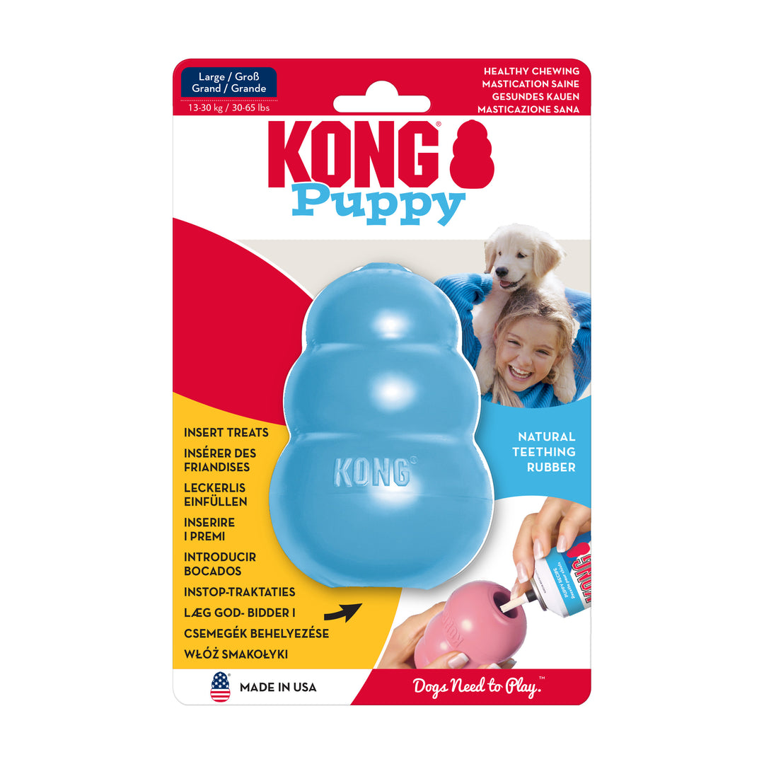 KONG Puppy dog toy packaging with size large blue toy and text on a white background