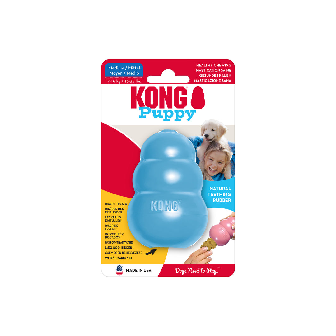 KONG Puppy dog toy packaging with size medium blue toy and text on a white background
