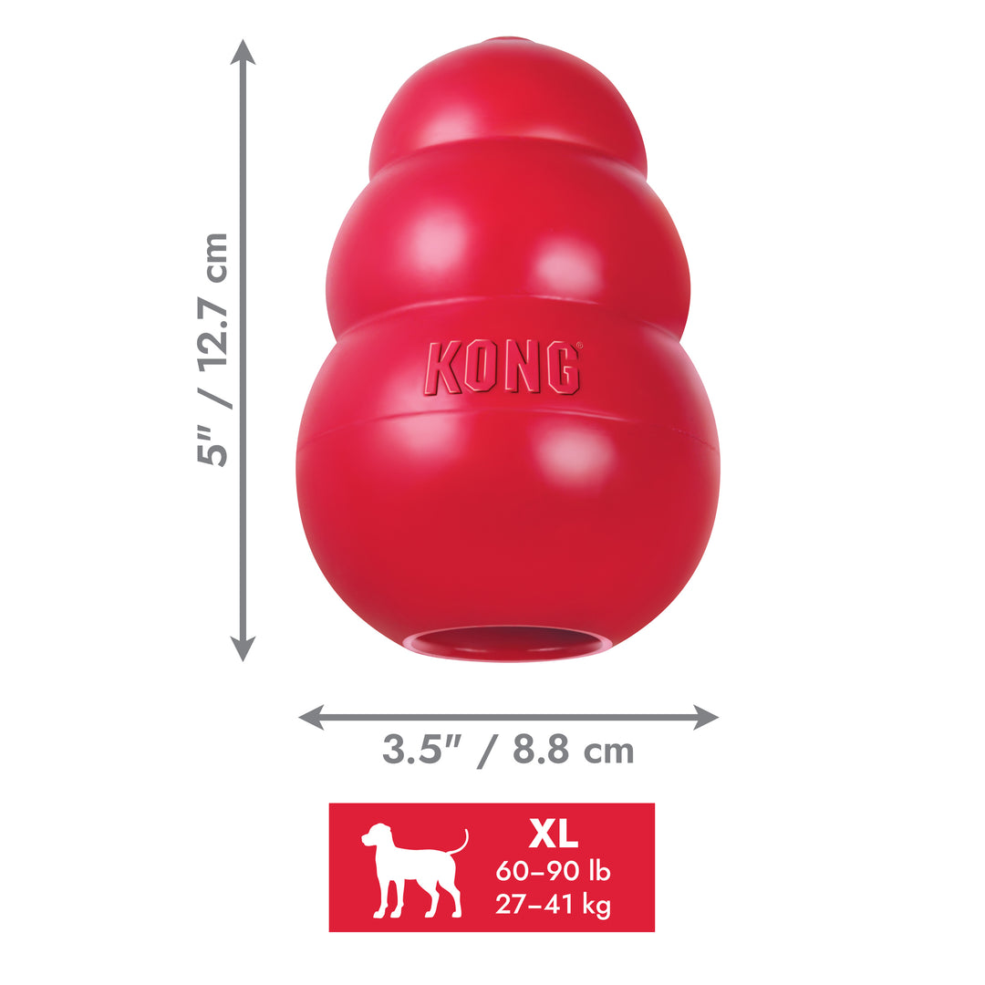 Red extra large classic KONG dog toy with dimensions and weight capacity on a white background