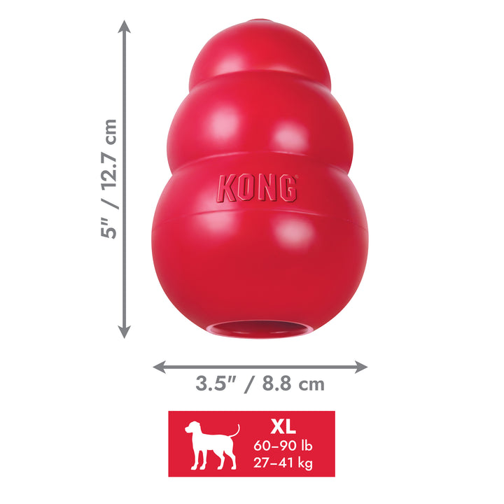 Red extra large classic KONG dog toy with dimensions and weight capacity on a white background