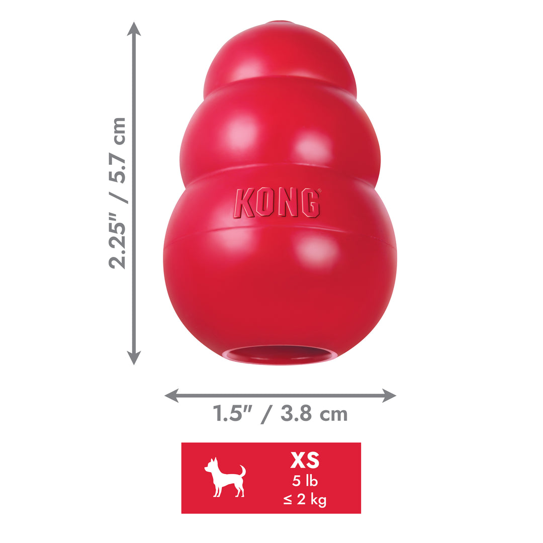 Red extra small classic KONG dog toy with dimensions and weight capacity on a white background