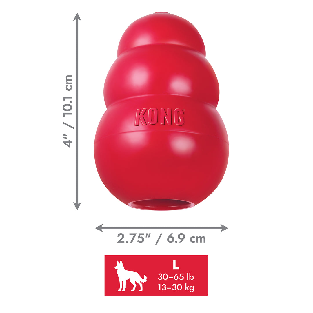 Red extra large classic KONG dog toy with dimensions and weight capacity on a white background