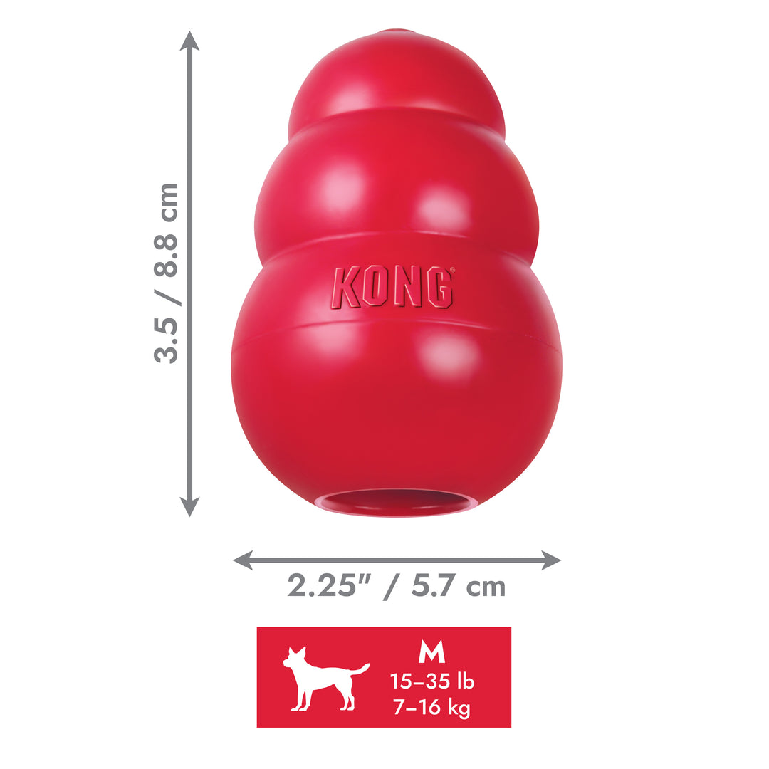 Red size medium classic KONG dog toy with dimensions and weight capacity on a white background
