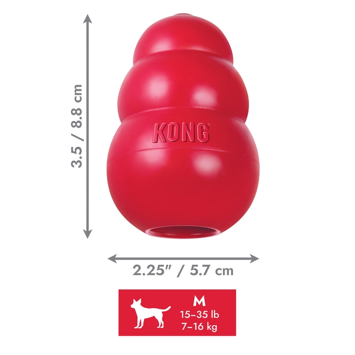 Red size medium classic KONG dog toy with dimensions and weight capacity on a white background