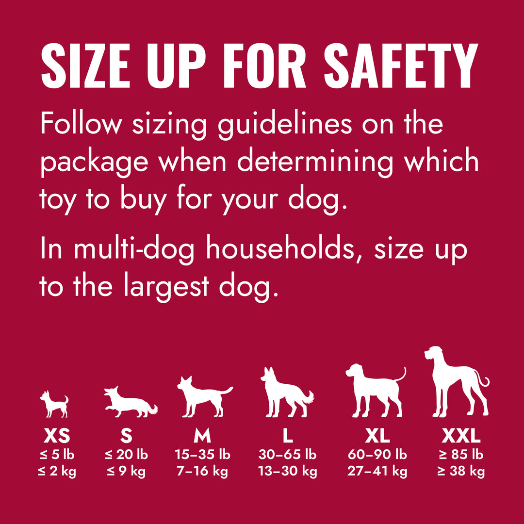 KONG Dog toy sizing chart with text on a red background