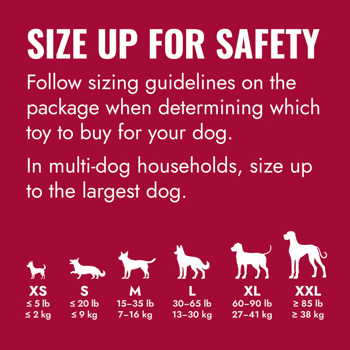 KONG Dog toy sizing chart with text on a red background
