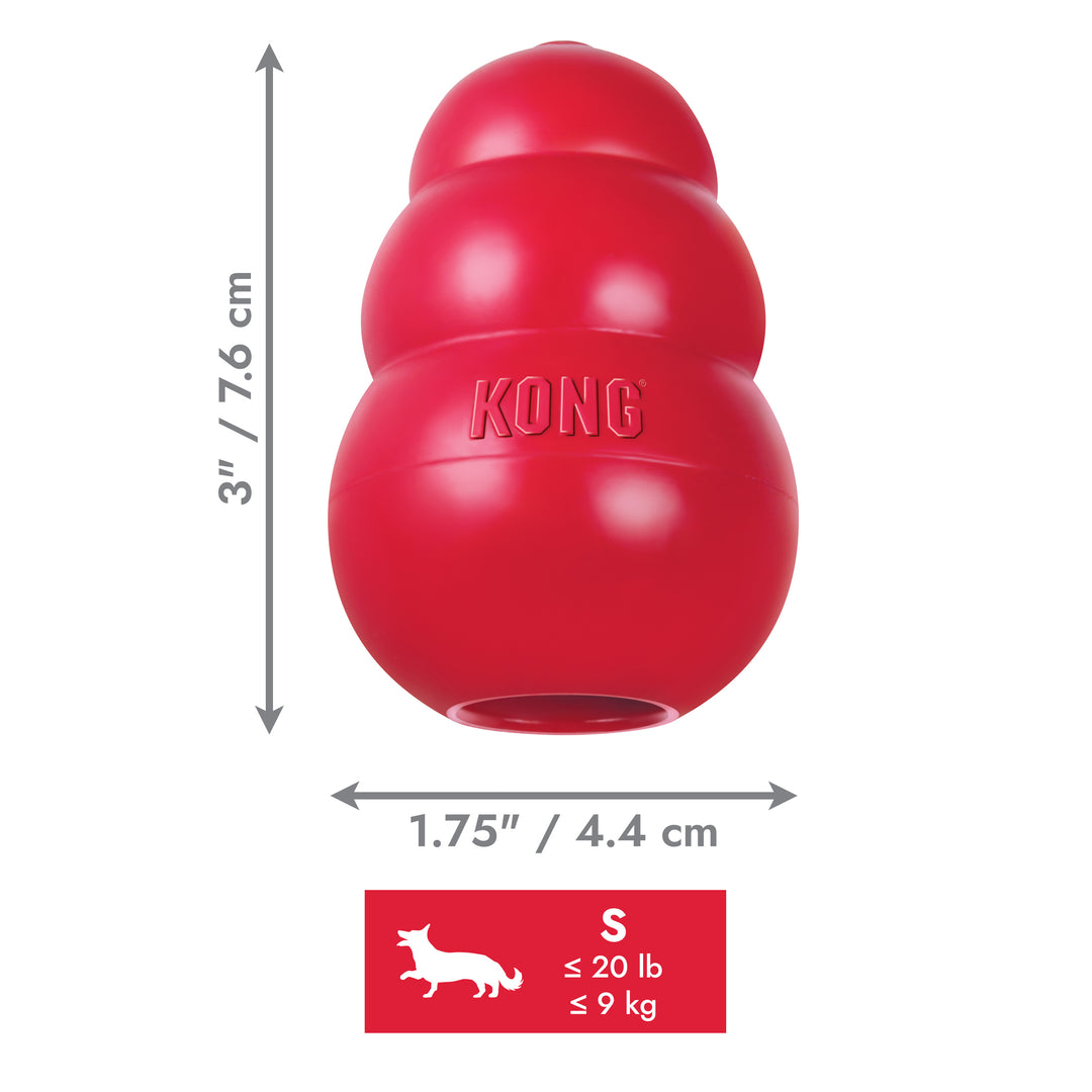 Red small KONG dog toy with dimensions and weight capacity on a white background