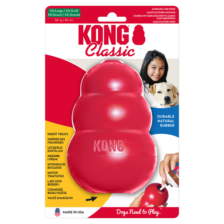KONG Classic dog toy packaging with a red XXL KONG toy on a white background