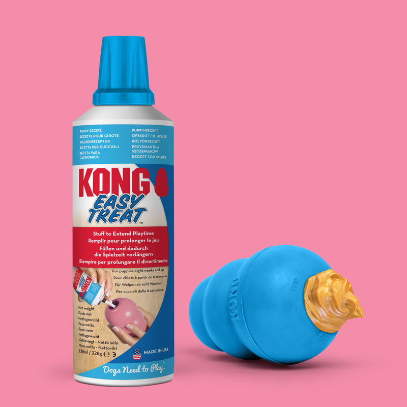 KONG Easy Treat Puppy Chicken Liver spray can next to KONG rubber toy filled with treat supplied by Paw Branch