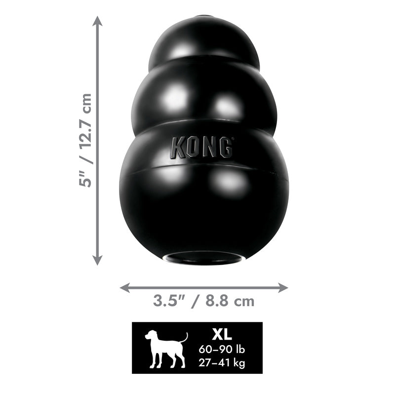Black Extra Large KONG dog toy with dimensions and weight capacity on a white background