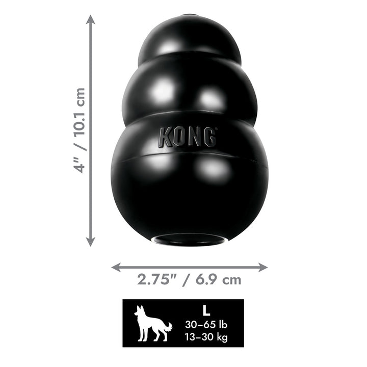 Black Large KONG dog toy with dimensions and weight capacity on a white background