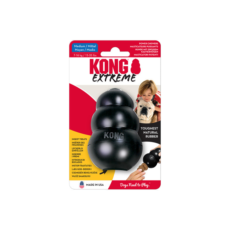 KONG Extreme dog toy packaging with a black Medium KONG toy on a white background