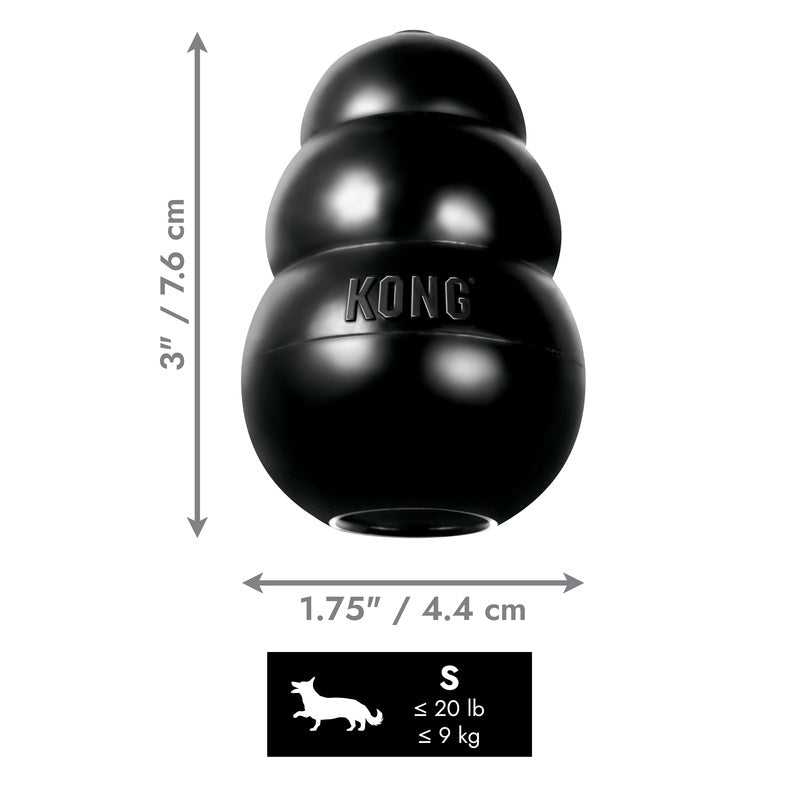 Black Small KONG dog toy with dimensions and weight capacity on a white background