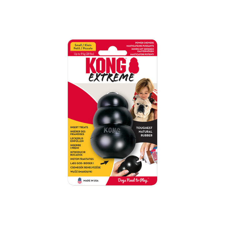 KONG Extreme dog toy packaging with a black Small KONG toy on a white background