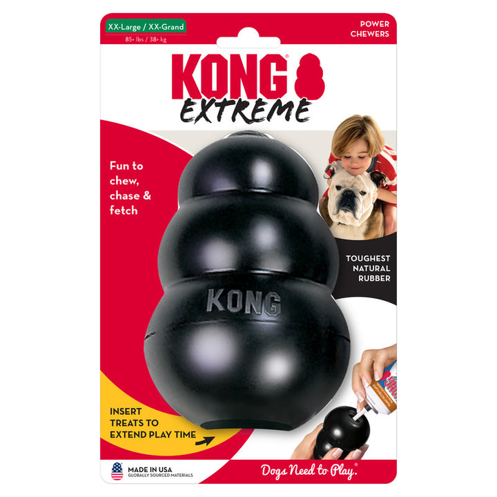 KONG Extreme dog toy packaging with a black XXL KONG toy on a white background