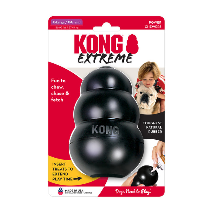 KONG Extreme dog toy packaging with a black Extra Large KONG toy on a white background