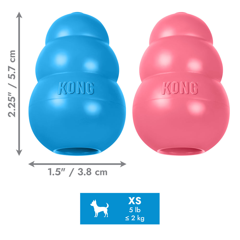 Blue and pink KONG extra small dog toys with measurements and size information on a white background