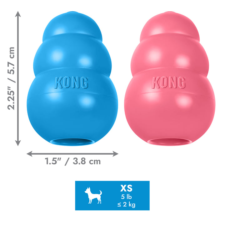 Blue and pink KONG extra small dog toys with measurements and size information on a white background