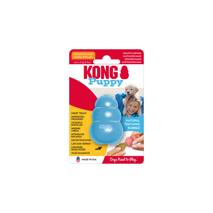 Kong extra small Puppy dog toy packaging with blue rubber toy on a white background