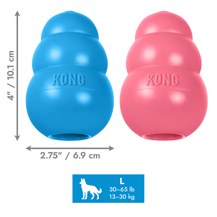 Blue and pink KONG dog large sized toys with measurements and size chart on a white background