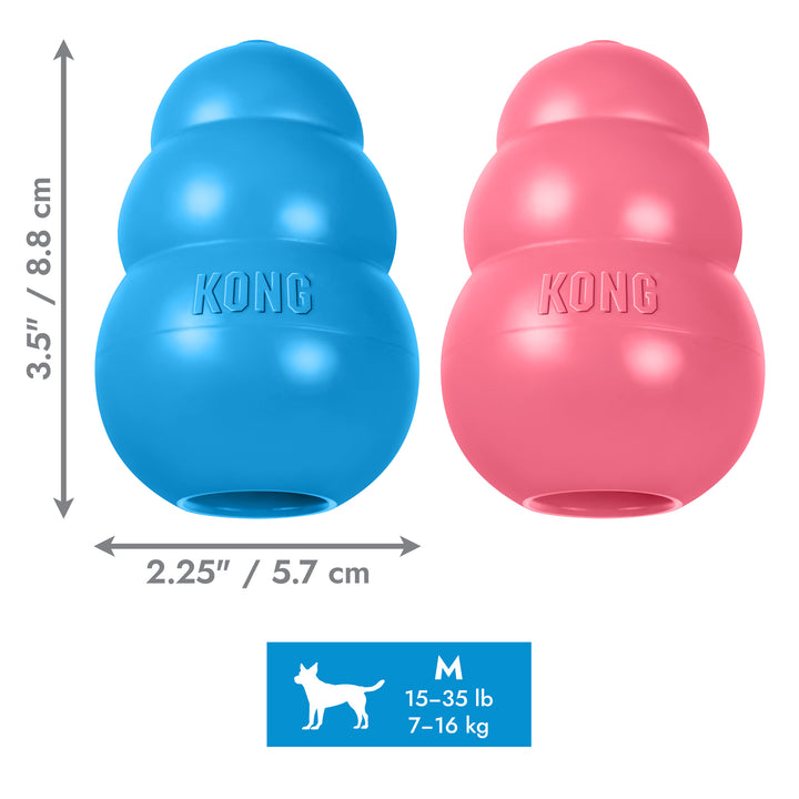 Blue and pink KONG dog medium sized toys with measurements and size chart on a white background