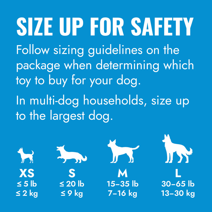 Dog toy size chart with guidelines for safety on a blue background
