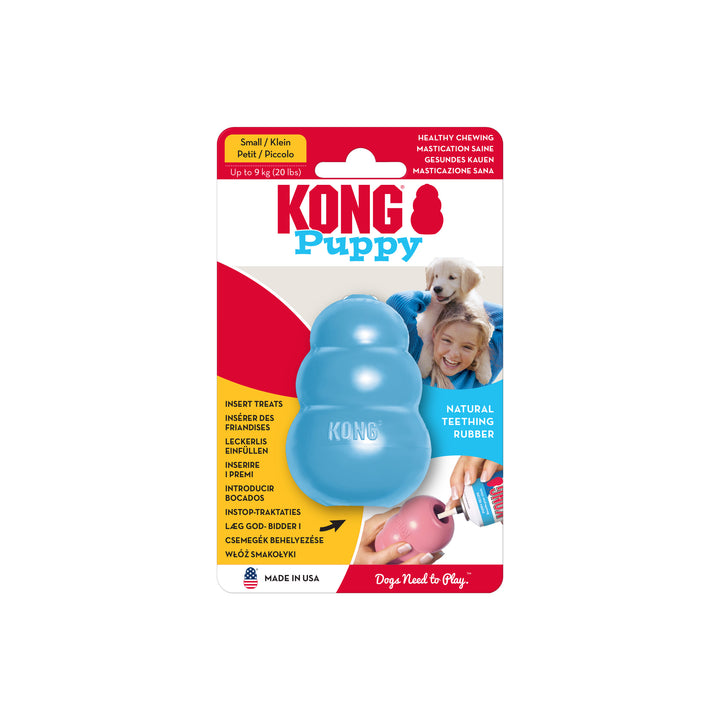 Kong Puppy dog toy packaging with a  size small blue toy and text on a white background