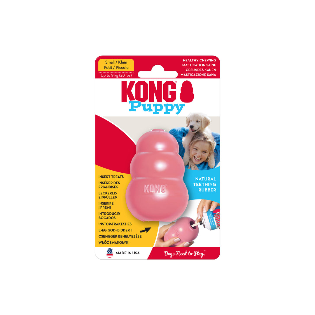 KONG Puppy dog toy packaging with a size small pink toy inside on a white background