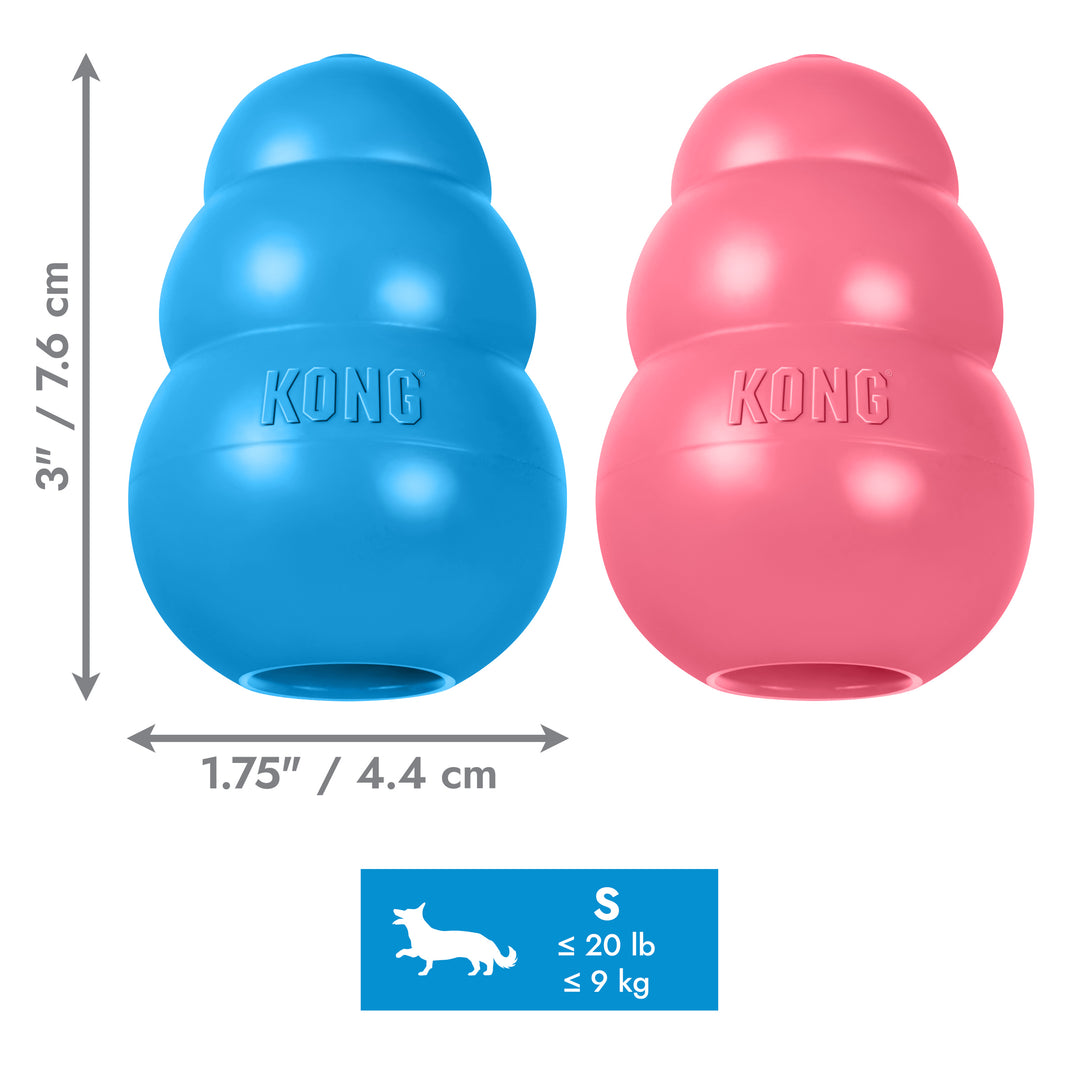 Blue and pink KONG size small dog toys with measurements and size chart on a white background
