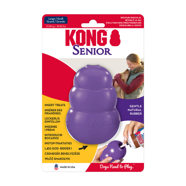 KONG Senior dog toy packaging with a Purple Large KONG toy on a white background