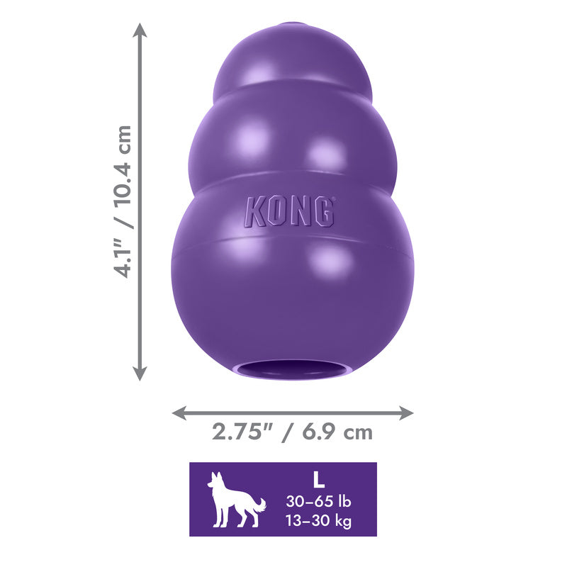 Purple Large KONG dog toy with dimensions and weight capacity on a white background