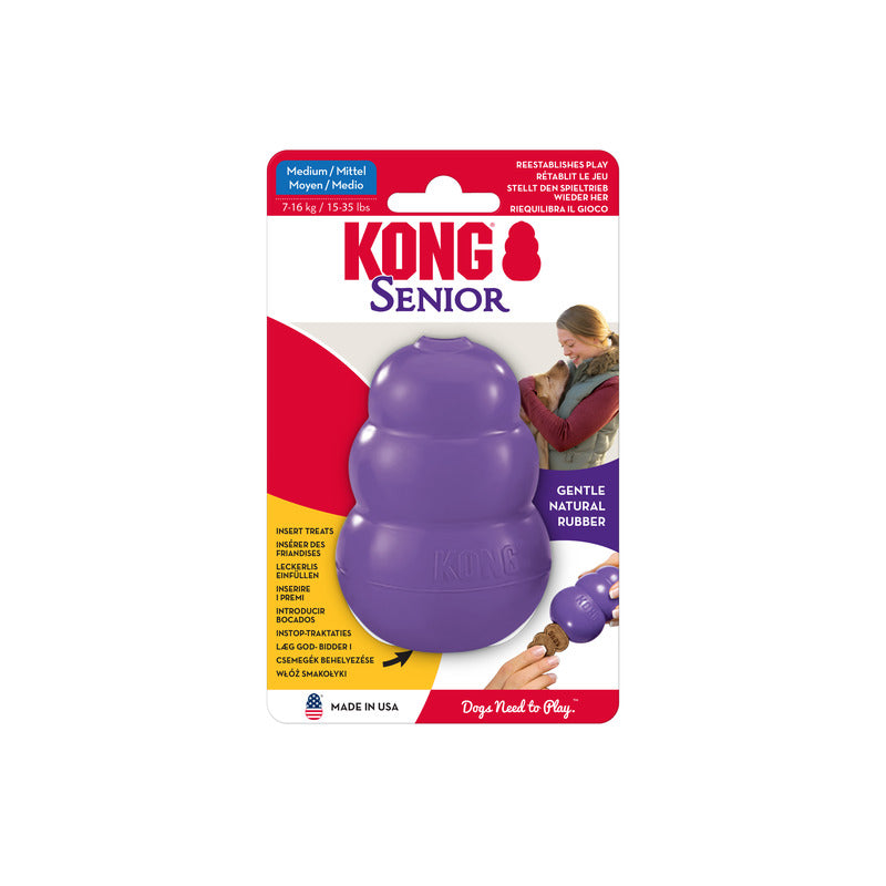 KONG Senior dog toy packaging with a Purple Medium Sized KONG toy on a white background