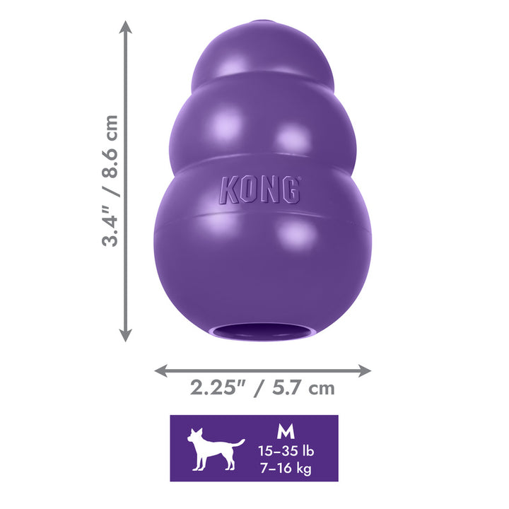 Purple Medium Sized KONG dog toy with dimensions and weight capacity on a white background