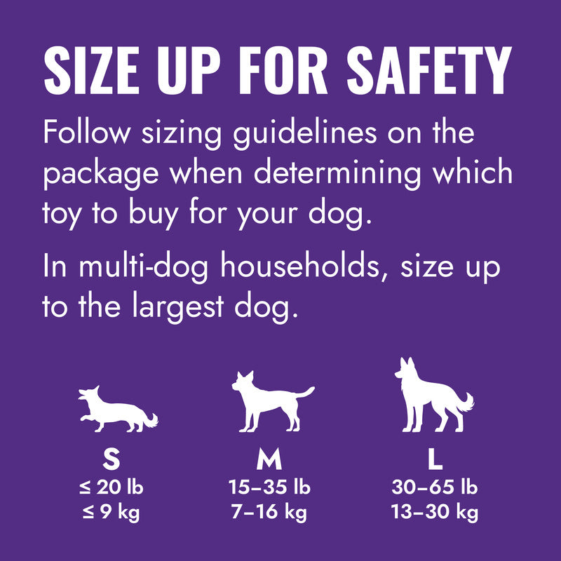 KONG Dog toy sizing chart with text on a purple background