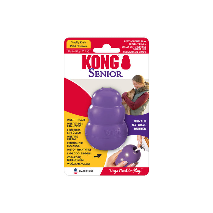 KONG Senior dog toy packaging with a Purple Small KONG toy on a white background