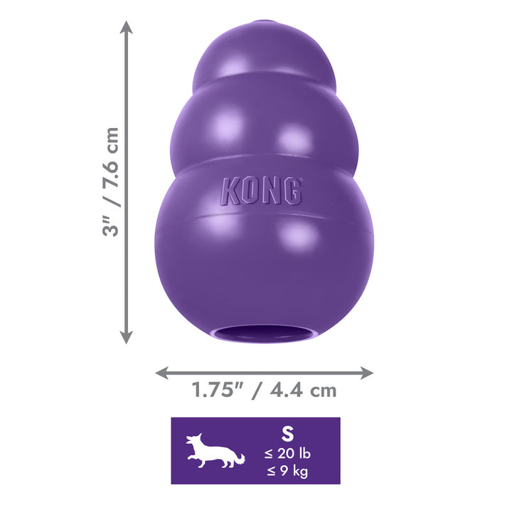 Purple Small KONG dog toy with dimensions and weight capacity on a white background