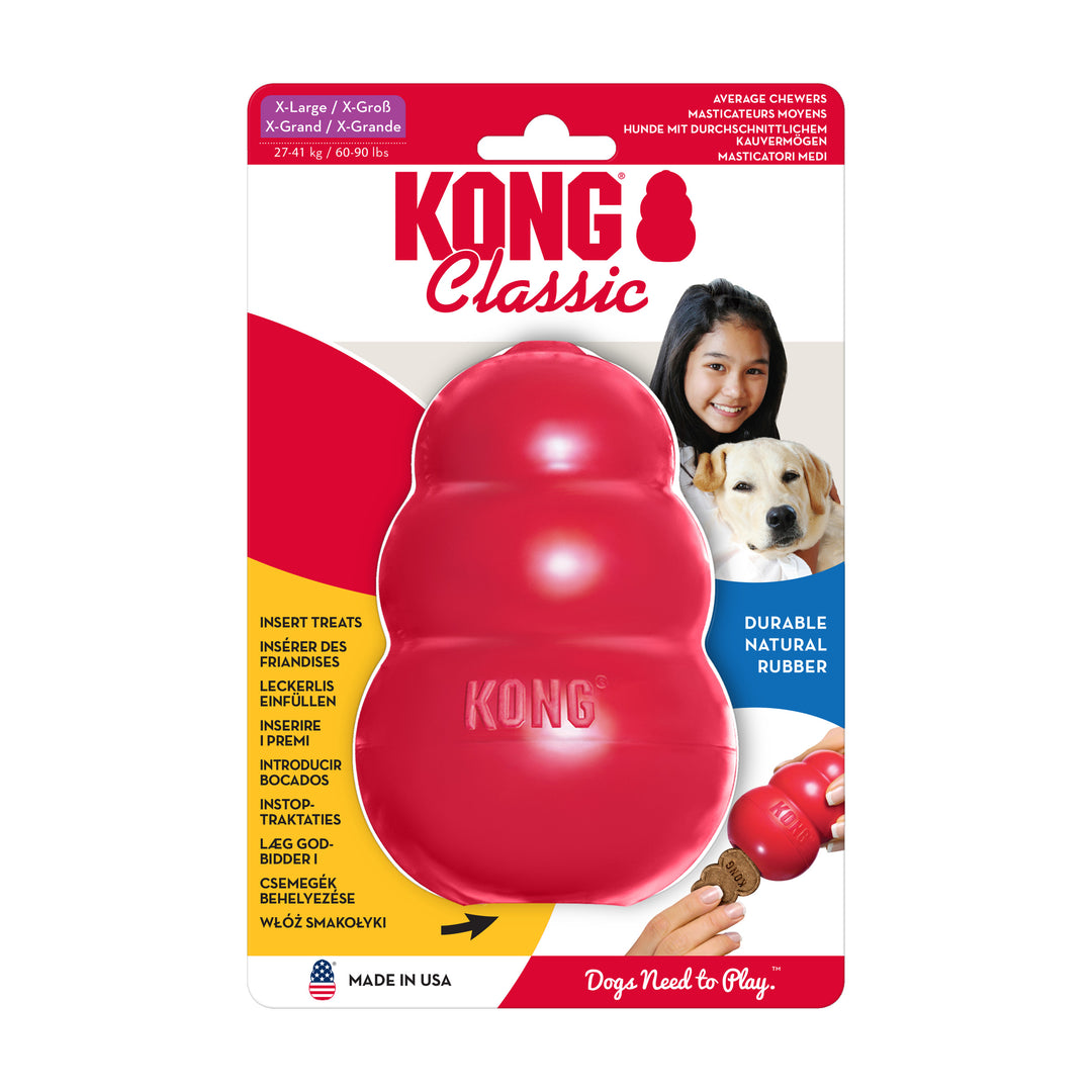 KONG Classic dog toy packaging with a red Extra Large KONG toy on a white background
