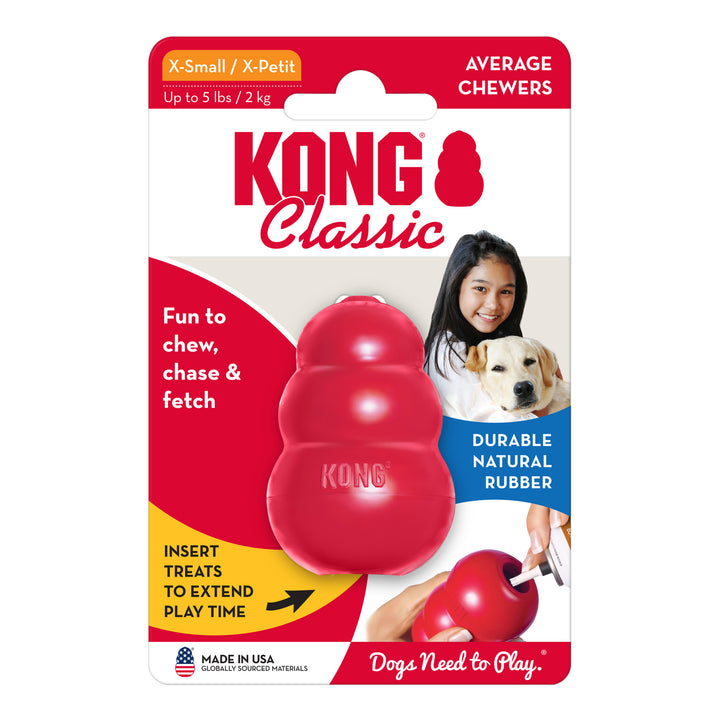 KONG Classic dog toy packaging with a red Extra Small KONG toy on a white background