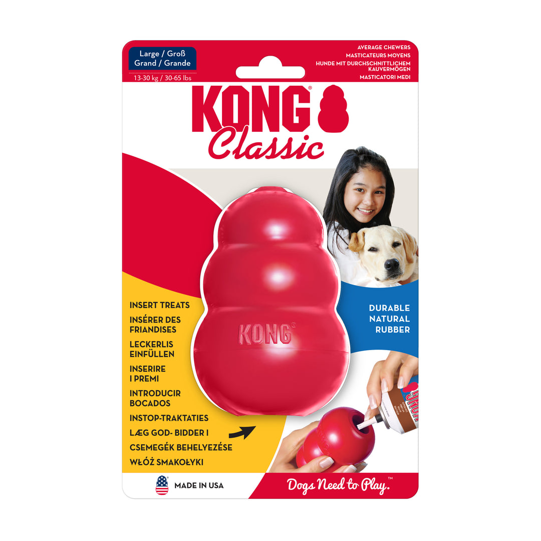 KONG Classic dog toy packaging with a red large KONG toy on a white background