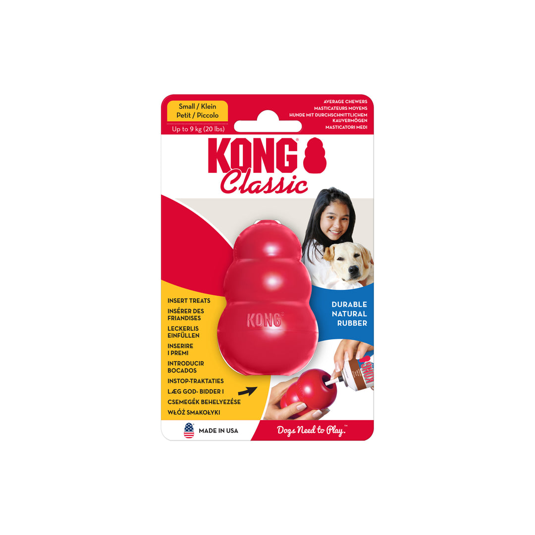 KONG Classic dog toy packaging with a red Small KONG toy on a white background