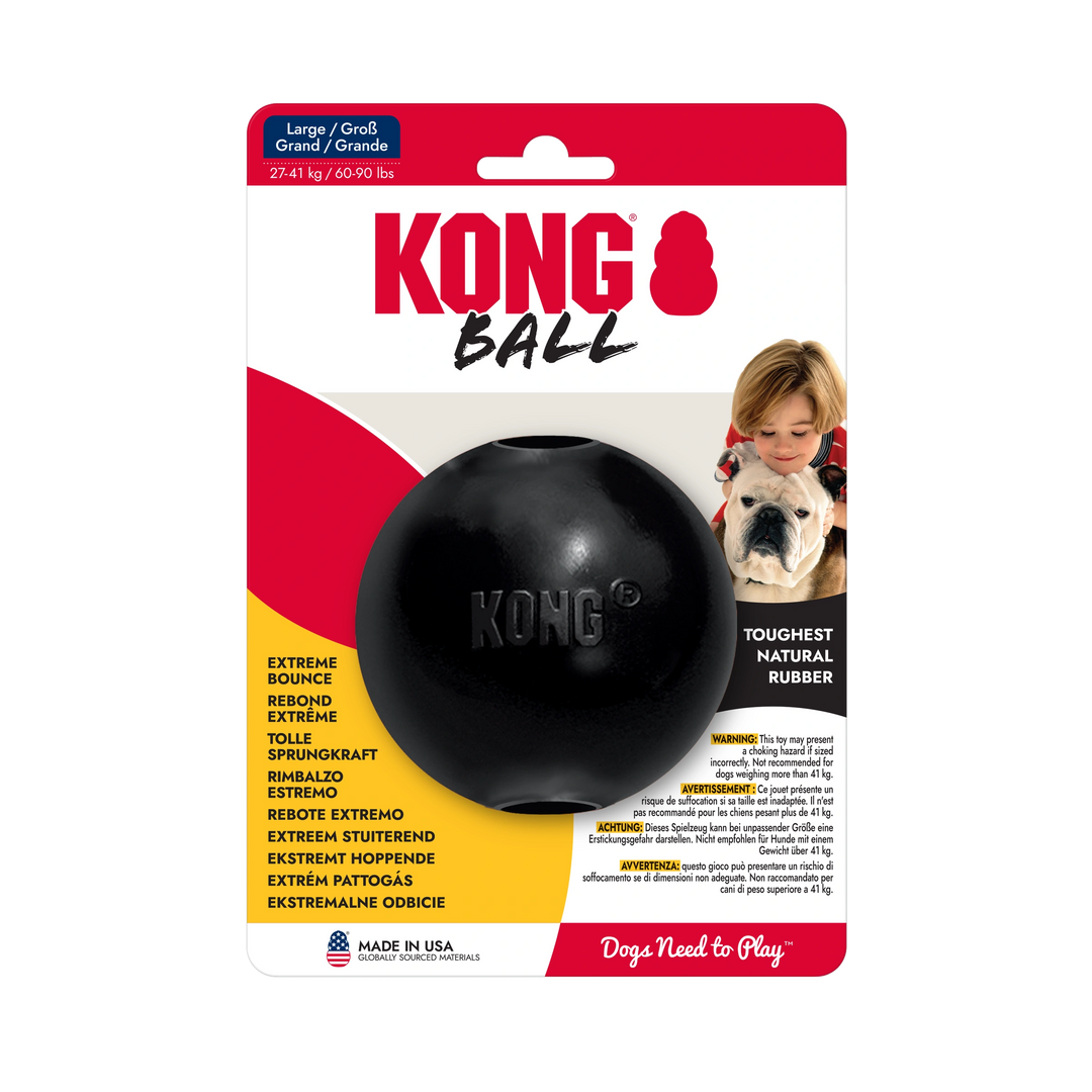 Kong Extreme Large Ball dog toy in its original retail blister packaging, featuring a black natural rubber ball on a white, red, and yellow backing card.