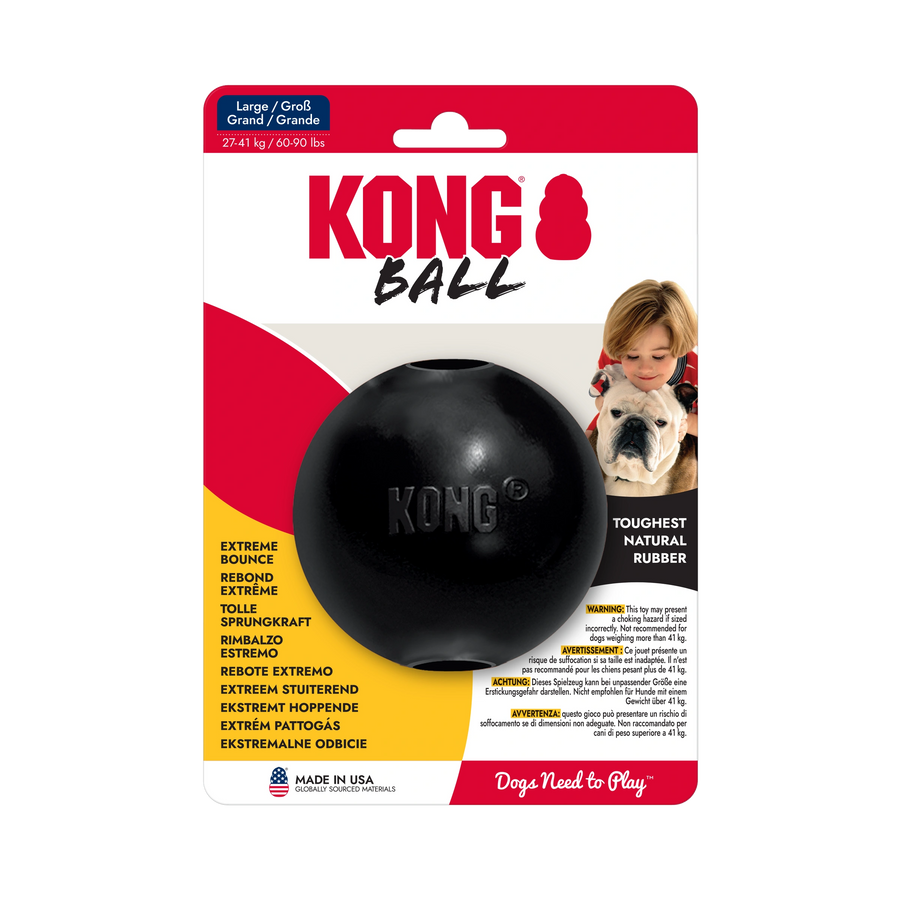 Kong Extreme Large Ball dog toy in its original retail blister packaging, featuring a black natural rubber ball on a white, red, and yellow backing card.