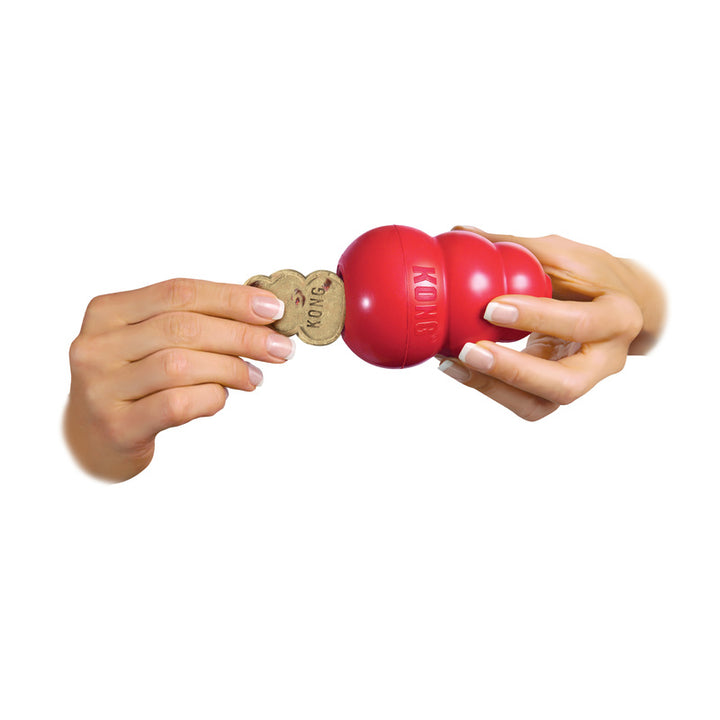 Hands placing KONG Bacon and Cheese treat into red KONG rubber toy supplied by Paw Branch