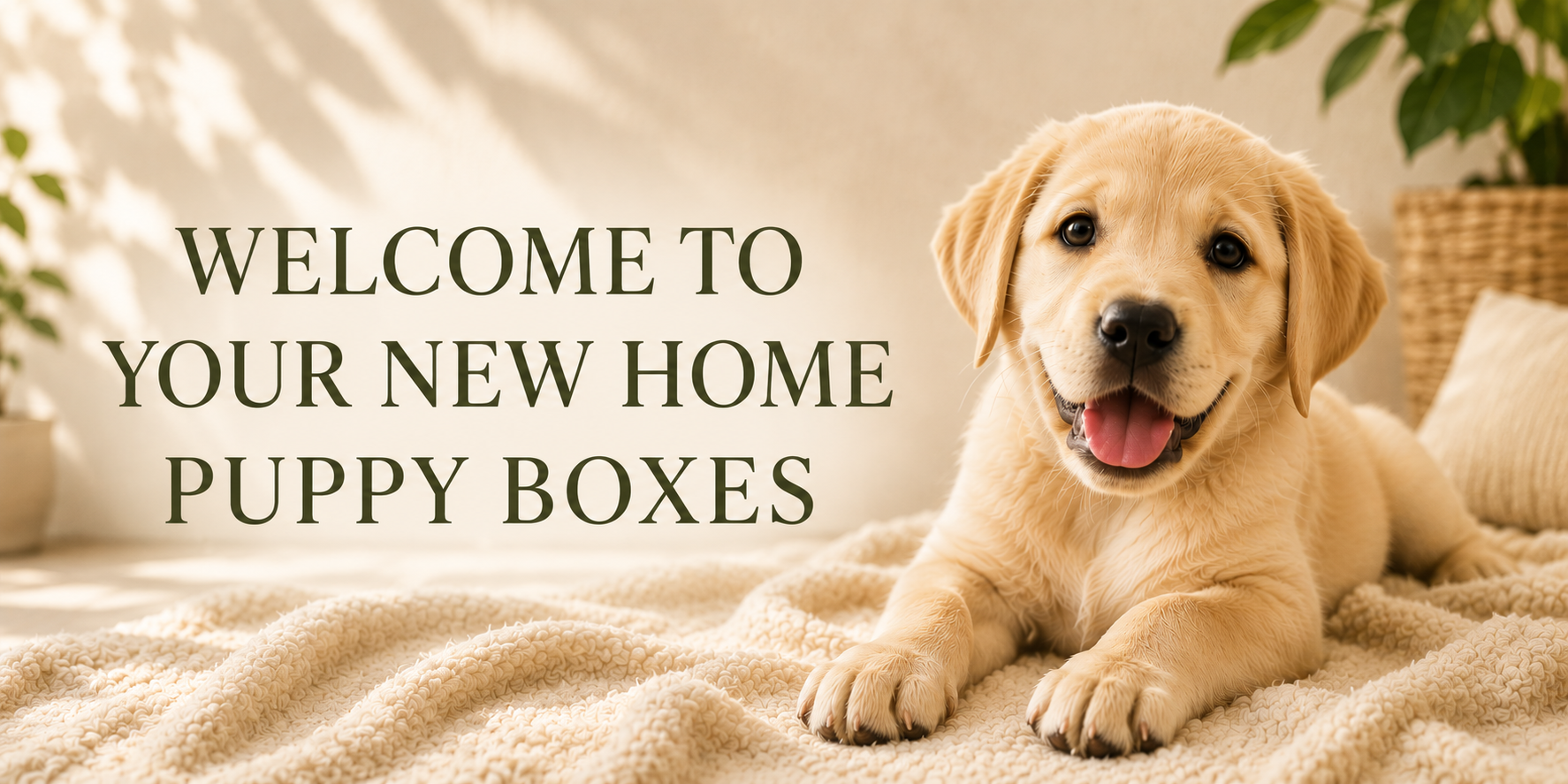 Warm Puppy Welcome Home Boxes collection banner featuring a happy Labrador puppy resting on a soft blanket in a cosy home setting with Welcome To Your New Home Puppy Boxes text, supplied by Paw Branch UK.