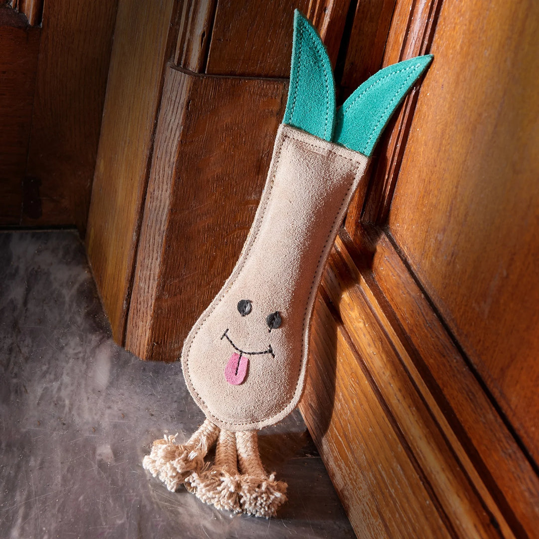 Lenny the Leek eco dog toy by Green and Wild’s made with jute and suede for extra small, small and medium dogs supplied by Paw Branch