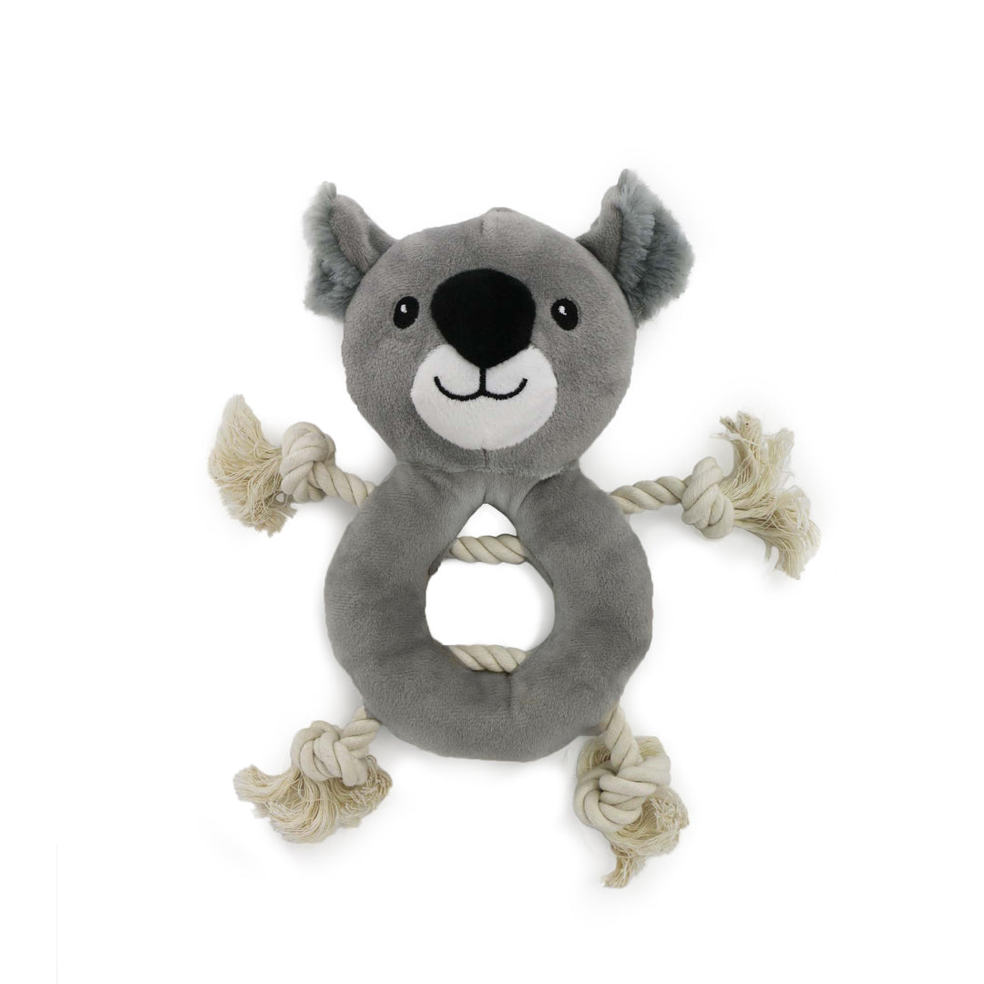 Studio shot of the grey ANCOL Made From Koala plush toy with rope limbs and ring body, supplied by Paw Branch.