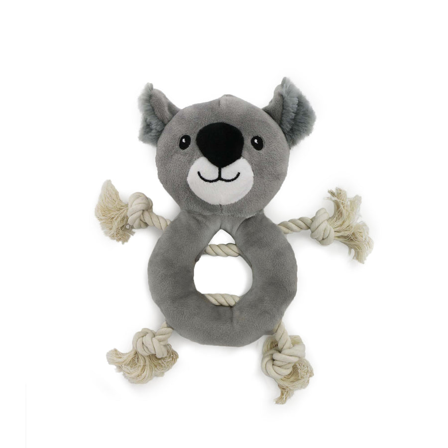 Studio shot of the grey ANCOL Made From Koala plush toy with rope limbs and ring body, supplied by Paw Branch.
