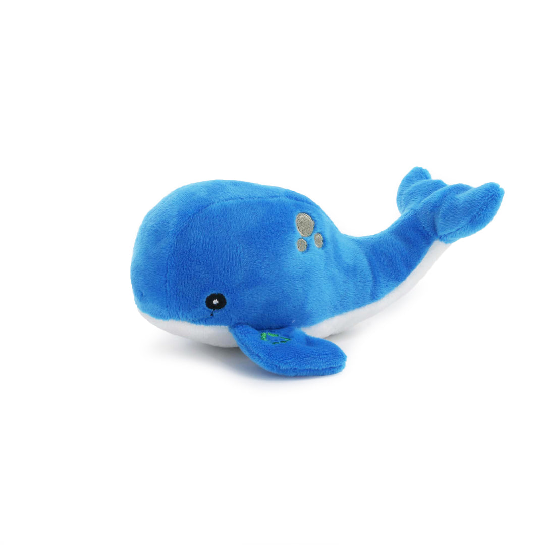 Studio shot of the blue and white ANCOL Made From Mini Oshi the Whale toy, highlighting the soft plush fabric, supplied by Paw Branch.