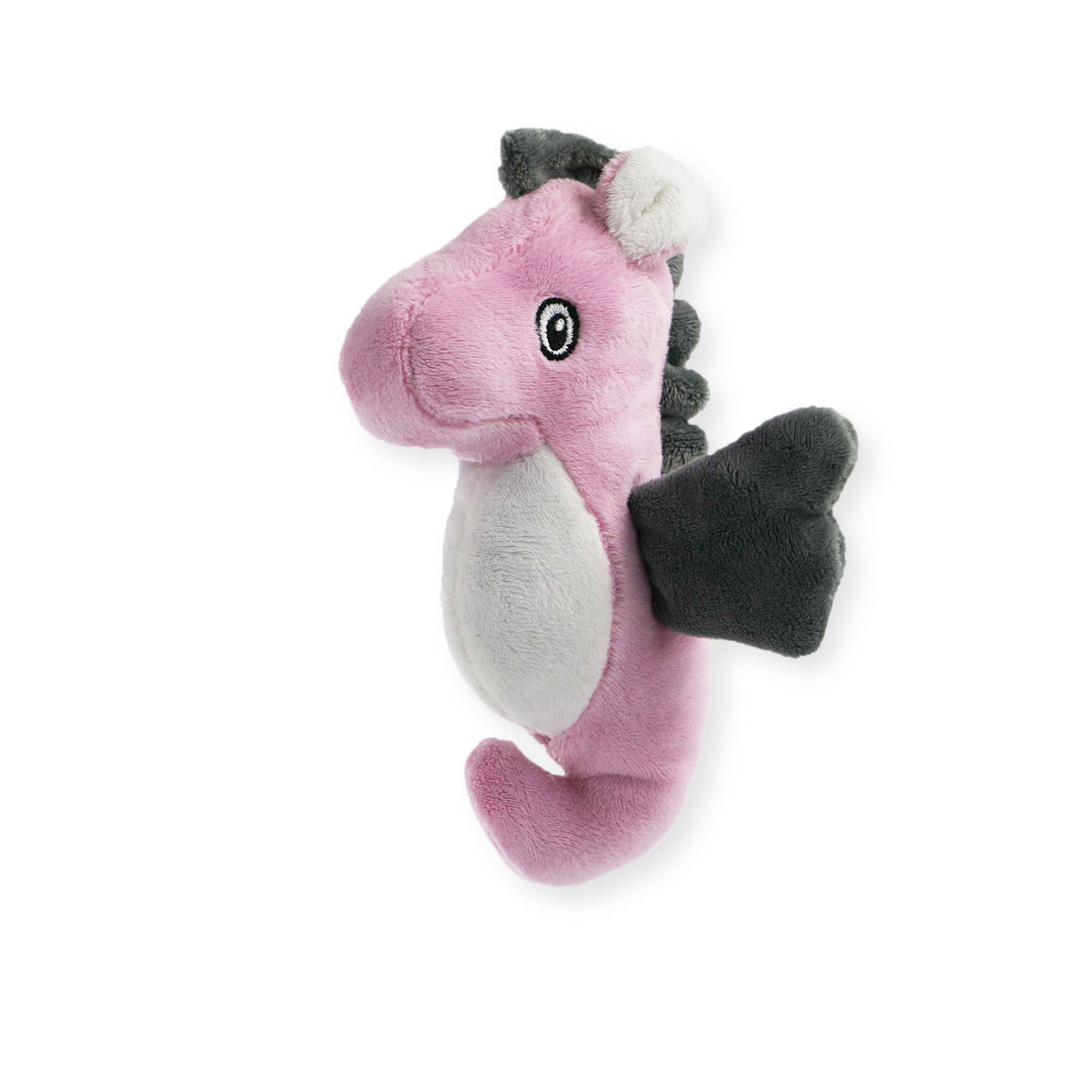 Studio shot of the pink ANCOL Made From Mini Seahorse toy, highlighting the soft plush fabric, supplied by Paw Branch.