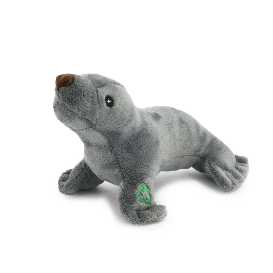 Studio shot of the grey ANCOL Made From Mini Seal plush toy, highlighting the soft fabric and stitched features, supplied by Paw Branch.